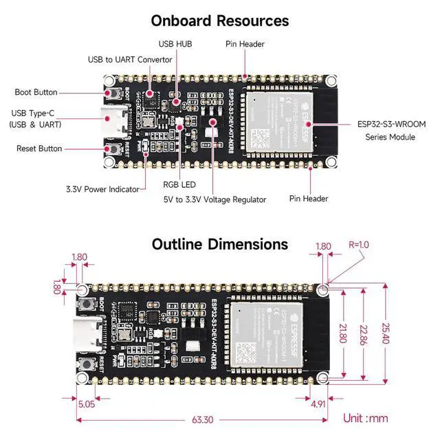 Alt view image 7 of 7 - 2PCS ESP32-S3 Microcontroller, 2.4GHz Wi-Fi Development Board, 240MHz Dual Core Processor, ESP32-S3-WROOM-1 Module, 16MB Flash, with Pre-soldered Header