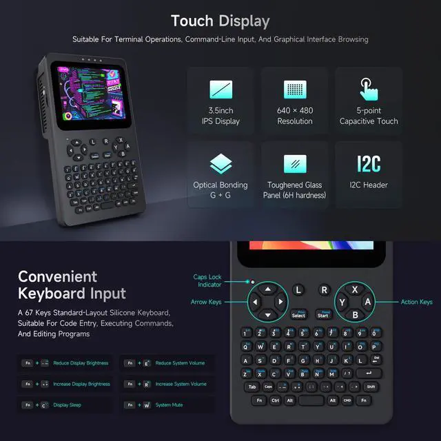 Alt view image 5 of 7 - Portable Handheld Linux Terminal with 3.5inch Touch Display, 640 × 480, Optical Bonding, Compatible with Pi 4B/5 Portable Development and Debugging Devices, PocketTerm35 Host with Acce