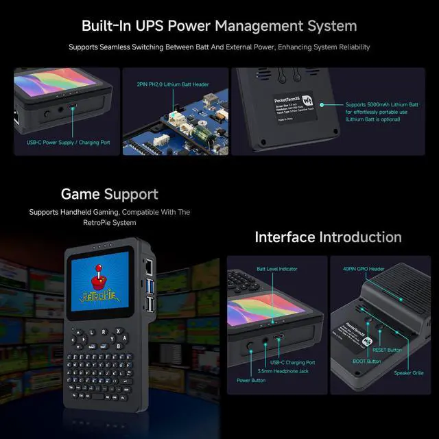 Alt view image 6 of 7 - Portable Handheld Linux Terminal with 3.5inch Touch Display, 640 × 480, Optical Bonding, Compatible with Pi 4B/5 Portable Development and Debugging Devices, PocketTerm35 Host with Acce