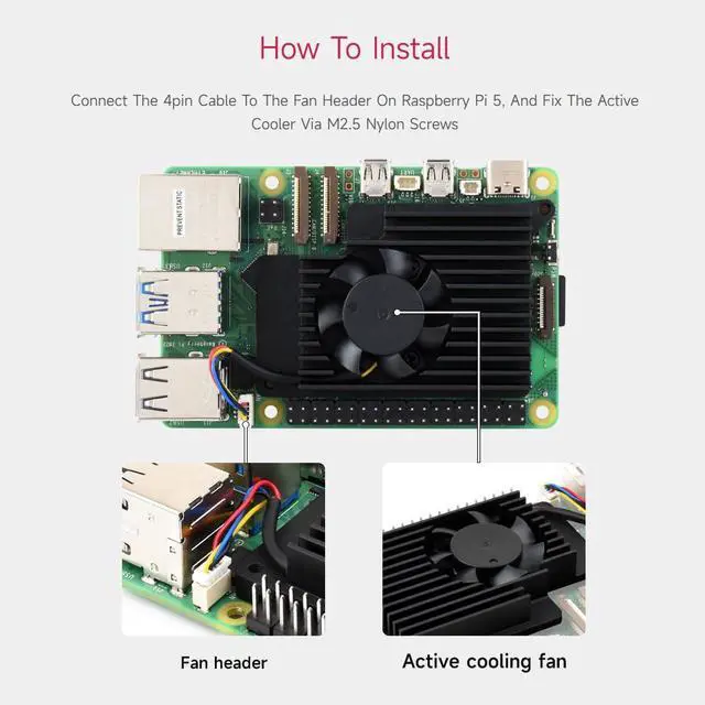 Alt view image 5 of 7 - Active Cooler Fan, Compatible with 5, Aluminium Heatsink, with Thermal Pads