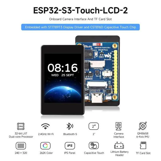 Alt view image 3 of 7 - ESP32-S3 2inch Capacitive Touch Display Development Board, 240×320 Pixels, IPS Panel, 32-bit LX7 Dual-core Processor, Up to 240MHz Frequency, NOT Include OV560 Camera