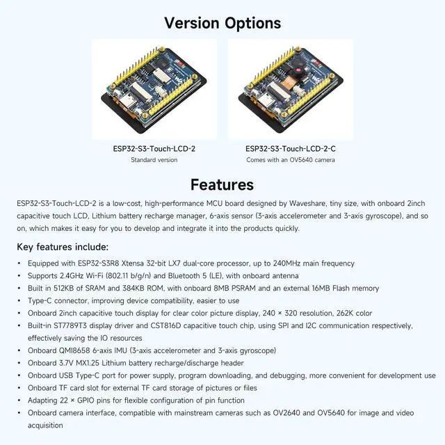 Alt view image 4 of 7 - ESP32-S3 2inch Capacitive Touch Display Development Board, 240×320 Pixels, IPS Panel, 32-bit LX7 Dual-core Processor, Up to 240MHz Frequency, NOT Include OV560 Camera