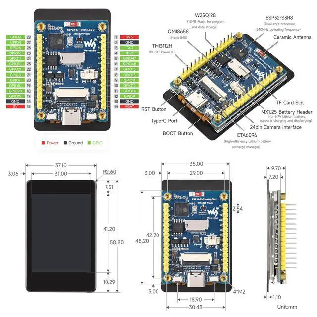 Alt view image 7 of 7 - ESP32-S3 2inch Capacitive Touch Display Development Board, 240×320 Pixels, IPS Panel, 32-bit LX7 Dual-core Processor, Up to 240MHz Frequency, NOT Include OV560 Camera