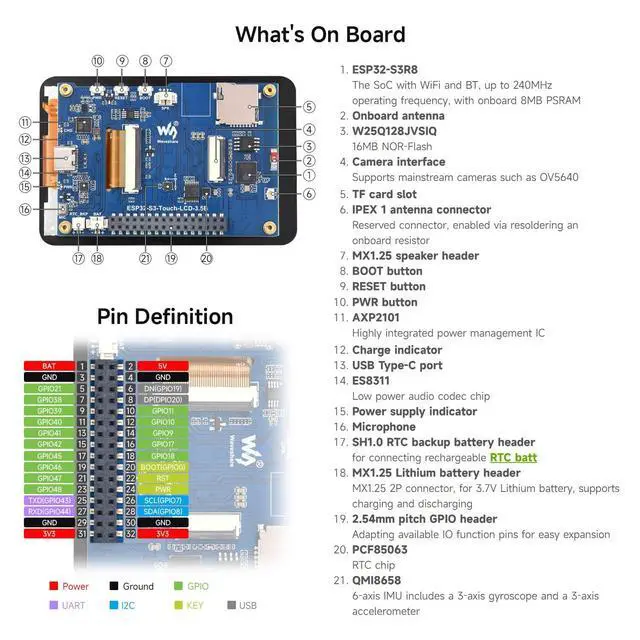 Alt view image 7 of 7 - ESP32-S3 3.5inch Capacitive Touch Display Development Board Type B, 320×480 Pixels, IPS Panel, 262K Color, QSPI, Onboard Camera Interface, Supports Wi-Fi and Bluetooth 5, ESP32 with Display