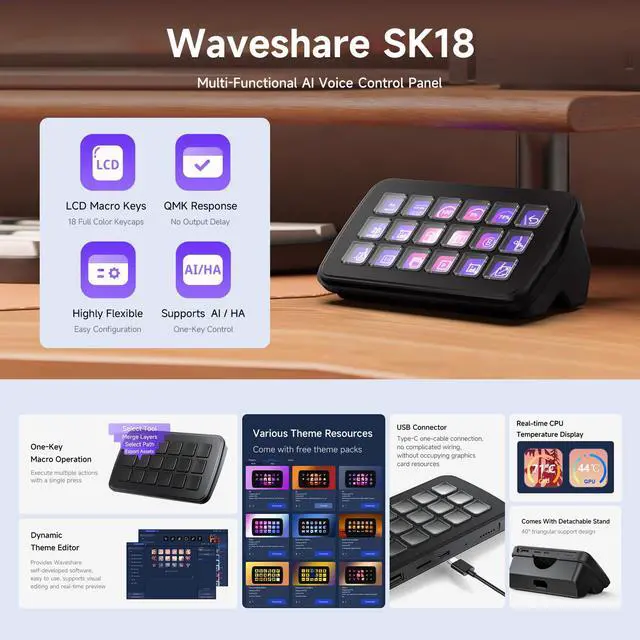 Alt view image 3 of 7 - SK18 Multi-Functional AI Voice Control Panel, Onboard 18 × Membrane LCD Macro Keys, Supports Linux + QMK Dual-System Architecture and AIDA64