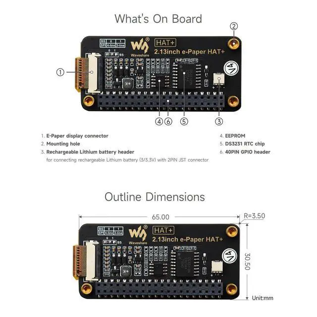 Alt view image 7 of 7 - 2.13inch E-Paper, Compatible with 5/4B/3B+/3B/ and Zero Series Boards, E-Ink Screen for Pwnagotchi Kit, SPI Interface, HAT+ Standard