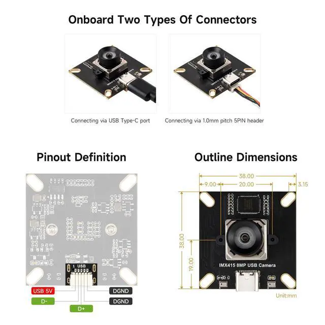 Alt view image 5 of 5 - IMX415 8MP High-Resolution USB Camera Module, IMX415 Sensor Chip, USB2.0 Port, onboard Dual Microphones, Distortion-Free