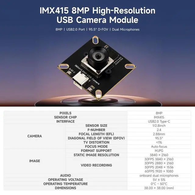 Alt view image 3 of 5 - IMX415 8MP High-Resolution USB Camera Module, IMX415 Sensor Chip, USB2.0 Port, onboard Dual Microphones, Distortion-Free