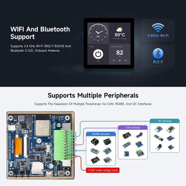 Alt view image 6 of 7 - ESP32-S3 4inch Display Development Board, 480×480, 32-Bit LX7 Dual-Core Processor, Up to 240MHz Frequency, Supports WiFi & Bluetooth, with Onboard Antenna