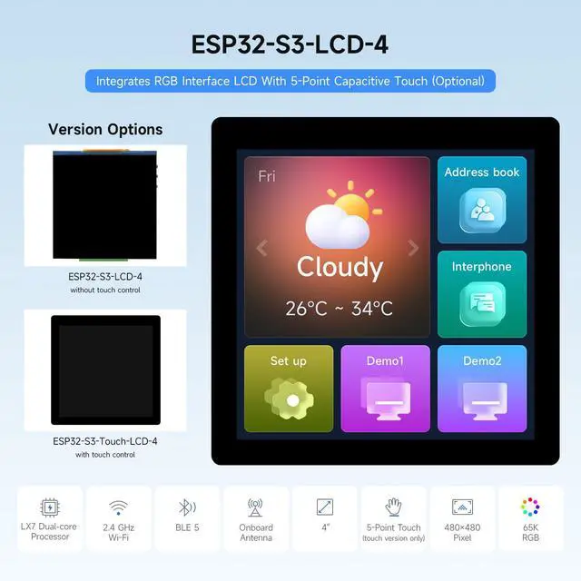 Alt view image 3 of 7 - ESP32-S3 4inch Display Development Board, 480×480, 32-Bit LX7 Dual-Core Processor, Up to 240MHz Frequency, Supports WiFi & Bluetooth, with Onboard Antenna