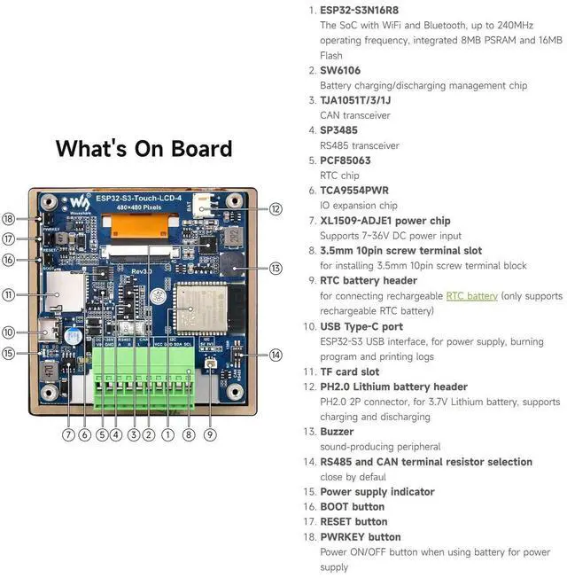 Alt view image 7 of 7 - ESP32-S3 4inch Display Development Board, 480×480, 32-Bit LX7 Dual-Core Processor, Up to 240MHz Frequency, Supports WiFi & Bluetooth, with Onboard Antenna