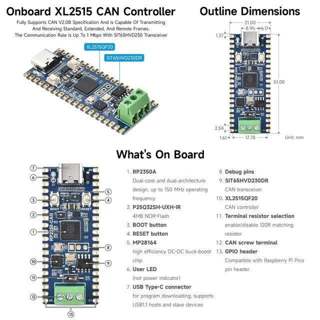 Alt view image 7 of 7 - RP2350 CAN Development Board, Based On RP2350A Dual-core & Dual-architecture Microcontroller, 150 MHz Operating Frequency, Onboard SIT65HVD230 Transceiver, XL2515 CAN Controller