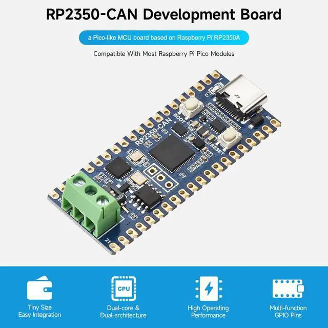 Alt view image 3 of 7 - RP2350 CAN Development Board, Based On RP2350A Dual-core & Dual-architecture Microcontroller, 150 MHz Operating Frequency, Onboard SIT65HVD230 Transceiver, XL2515 CAN Controller