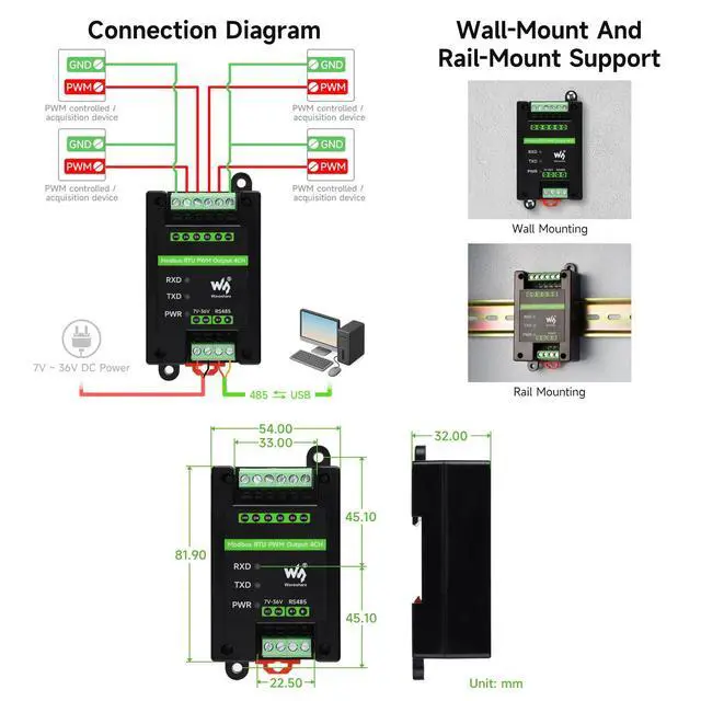 Alt view image 6 of 6 - Industrial 4-Ch PWM Output Module, Modbus RTU Protocol, Isolated RS485 Interface, Adjustable Frequency and Duty Cycle, with Various Isolation and Protection Circuits