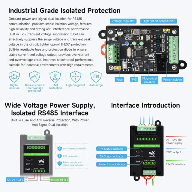 Alt view image 5 of 6 - Industrial 4-Ch PWM Output Module, Modbus RTU Protocol, Isolated RS485 Interface, Adjustable Frequency and Duty Cycle, with Various Isolation and Protection Circuits