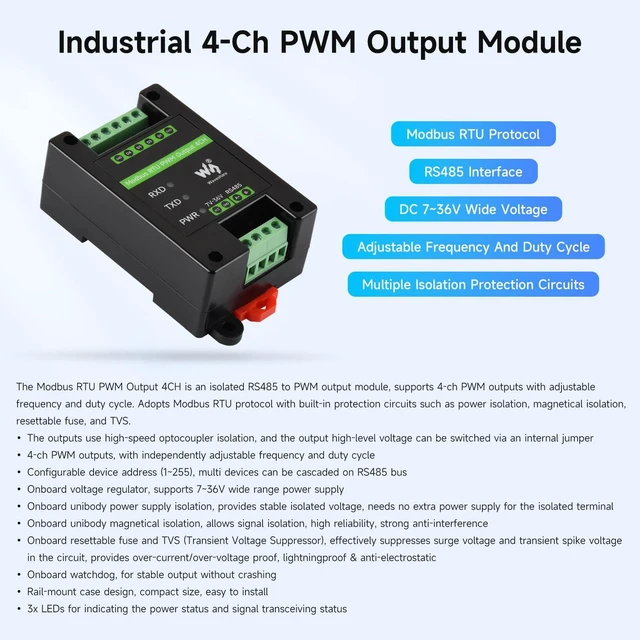 Alt view image 3 of 6 - Industrial 4-Ch PWM Output Module, Modbus RTU Protocol, Isolated RS485 Interface, Adjustable Frequency and Duty Cycle, with Various Isolation and Protection Circuits