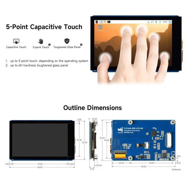 Alt view image 6 of 6 - 3.5inch DSI Capacitive Touch Display, 5-Point Touch, 480 × 800 Pixels, IPS Display Panel, Supports Series Boards