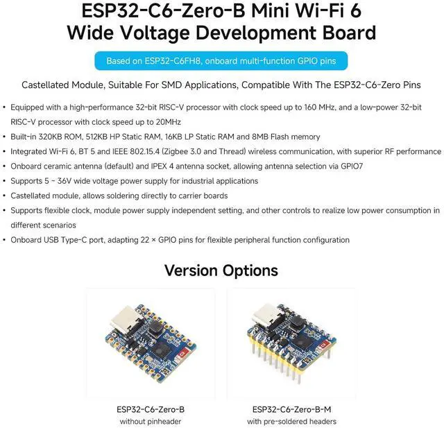 Alt view image 3 of 5 - ESP32-C6 Mini Wi-Fi 6 Development Board, Without Headers | 5 ~ 36V Wide Voltage Power Supply Support BLE, IEEE 802.15.4 (Zigbee 3.0 and Thread) compatible with the ESP32-C6-Zero Pins