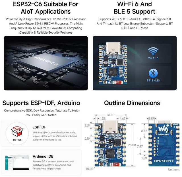 Alt view image 4 of 5 - ESP32-C6 Mini Wi-Fi 6 Development Board, Without Headers | 5 ~ 36V Wide Voltage Power Supply Support BLE, IEEE 802.15.4 (Zigbee 3.0 and Thread) compatible with the ESP32-C6-Zero Pins