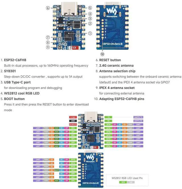 Alt view image 5 of 5 - ESP32-C6 Mini Wi-Fi 6 Development Board, Without Headers | 5 ~ 36V Wide Voltage Power Supply Support BLE, IEEE 802.15.4 (Zigbee 3.0 and Thread) compatible with the ESP32-C6-Zero Pins