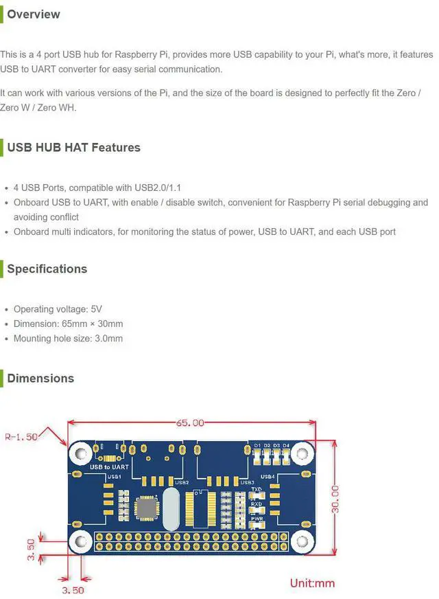 Alt view image 3 of 4 - 4 Port USB HUB HAT, Compatible with 5/4B/3B/Zero/Zero W/Zero 2W/Pico/Pico W/Pico WH, USB to UART Onboard