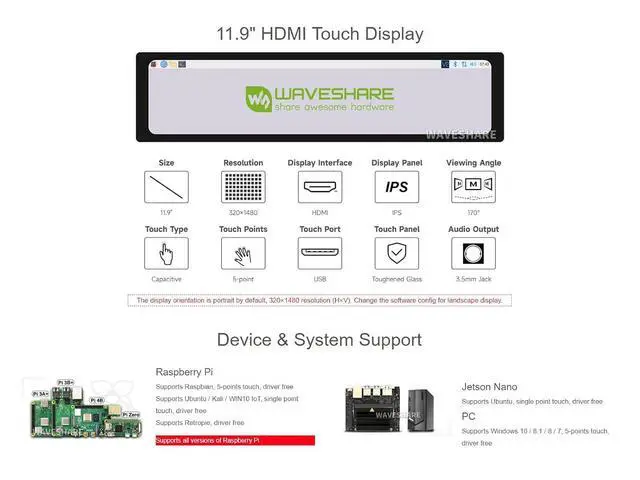 Alt view image 3 of 7 - 11.9inch Capacitive Touch Screen LCD Compatible with 5/4B/3B+/3A+/2B/B+/A+/Zero/Zero W/WH/Zero 2W CM3+/4 320×1480 Resolution HDMI IPS Supports Jetson Nano/Windows