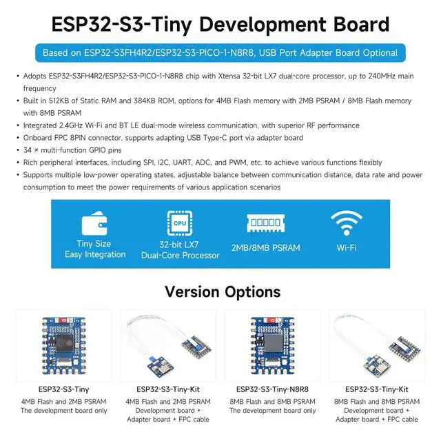 Alt view image 3 of 6 - ESP32-S3 Mini Development Board, Based On ESP32-S3FH4R2 Dual-Core Processor, 240MHz Running Frequency, Comes with Adapter Board and FPC Cable