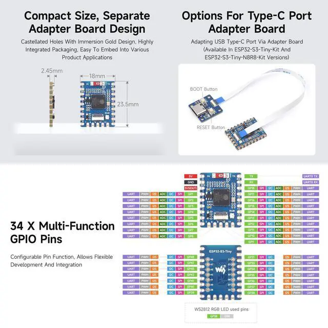 Alt view image 5 of 6 - ESP32-S3 Mini Development Board, Based On ESP32-S3FH4R2 Dual-Core Processor, 240MHz Running Frequency, Comes with Adapter Board and FPC Cable