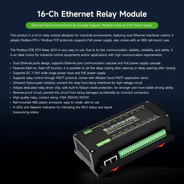 Alt view image 3 of 7 - 16-Ch Ethernet Module, Modbus RTU/TCP, Ethernet Communication, Support PoE, Various Isolation & Protection Circuits, Industrial Rail-Mount