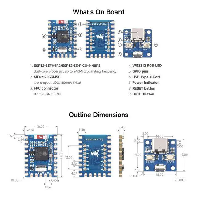 Alt view image 6 of 6 - ESP32-S3 Mini Development Board, Based On ESP32-S3FH4R2 Dual-Core Processor, 240MHz Running Frequency, Comes with Adapter Board and FPC Cable