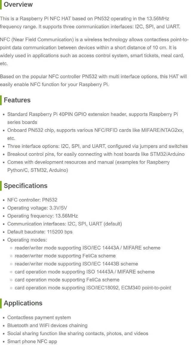 Alt view image 3 of 3 - PN532 NFC HAT Compatible with with I2C / SPI/UART Interface Comes with Online User Manual