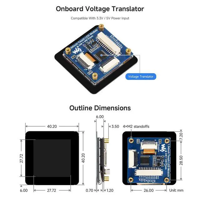 Alt view image 7 of 7 - 1.54inch Touch LCD Display Module, 240×240 Resolution, IPS Panel, SPI and I2C Communication interfaces, 262K Display Color