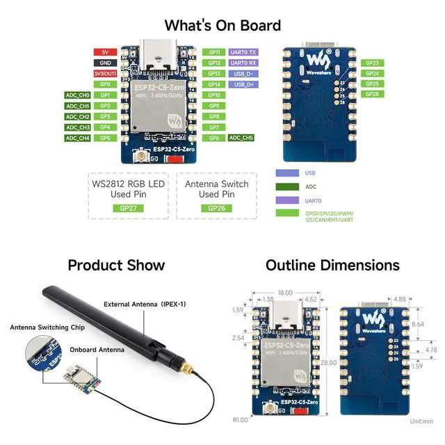 Alt view image 6 of 6 - ESP32-C5 Mini Development Board, Equipped with 32-bit RISC-V Processor, Integrated 2.4GHz/5GHz Dual-Band Wi-Fi 6 and BLE 5, with Pre-Soldered Headers