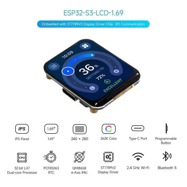Alt view image 3 of 7 - ESP32-S3 1.69inch Display Development Board, 32-Bit 240MHz LX7 Dual-Core Processor, 240×280, Supports Wi-Fi/BLT, Accelerometer and Gyroscope Sensor, Micro LCD Display with ESP32-S3