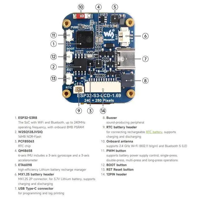 Alt view image 7 of 7 - ESP32-S3 1.69inch Display Development Board, 32-Bit 240MHz LX7 Dual-Core Processor, 240×280, Supports Wi-Fi/BLT, Accelerometer and Gyroscope Sensor, Micro LCD Display with ESP32-S3