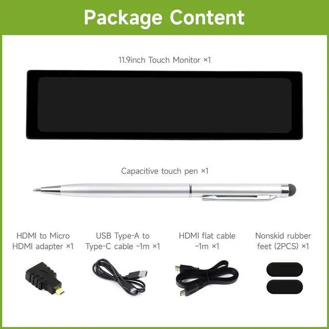 Alt view image 2 of 7 - 11.9inch IPS Display, Compatible with 5/4B/3B+/3A+/2B/B+/A+/Zero/Zero W/WH/Zero 2W CM3+/4, 5-Point Touch, No Driver Required, with Touch Function