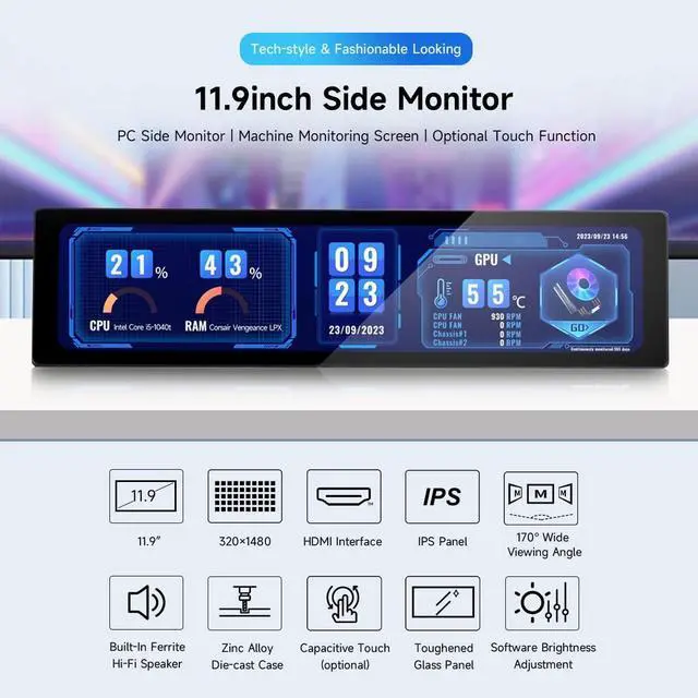 Alt view image 3 of 7 - 11.9inch IPS Display, Compatible with 5/4B/3B+/3A+/2B/B+/A+/Zero/Zero W/WH/Zero 2W CM3+/4, 5-Point Touch, No Driver Required, with Touch Function
