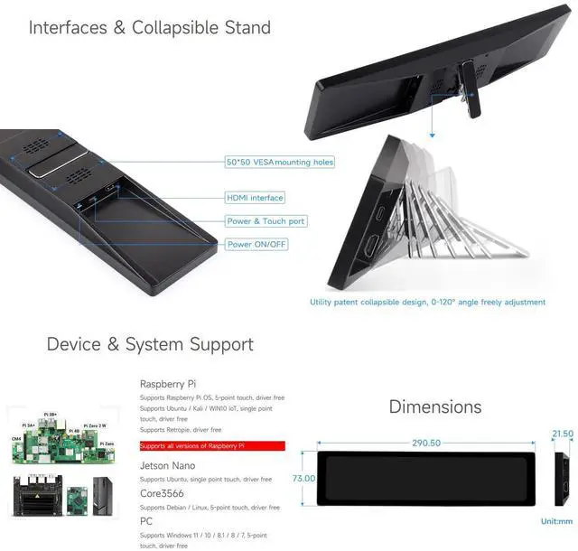 Alt view image 7 of 7 - 11.9inch IPS Display, Compatible with 5/4B/3B+/3A+/2B/B+/A+/Zero/Zero W/WH/Zero 2W CM3+/4, 5-Point Touch, No Driver Required, with Touch Function