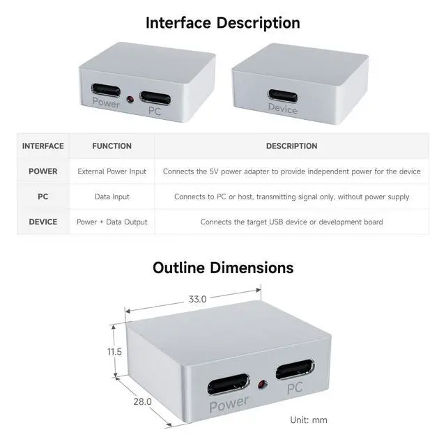 Alt view image 5 of 5 - Type-C Power and Signal Splitter, Supports 5V DC Independent Power Supply, 3 × Type-C Female Ports, CNC Aluminum Alloy Case, with Indicator