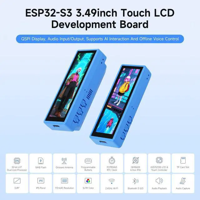Alt view image 3 of 7 - ESP32-S3 Development Board with 3.49inch IPS Touch Display, 172×640, Dual-Core ESP32-S3R8 Processor, Type B Case for Outdoor Use, Battery Not Included