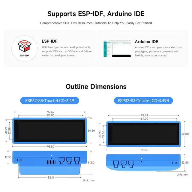 Alt view image 7 of 7 - ESP32-S3 Development Board with 3.49inch IPS Touch Display, 172×640, Dual-Core ESP32-S3R8 Processor, Type B Case for Outdoor Use, Battery Not Included