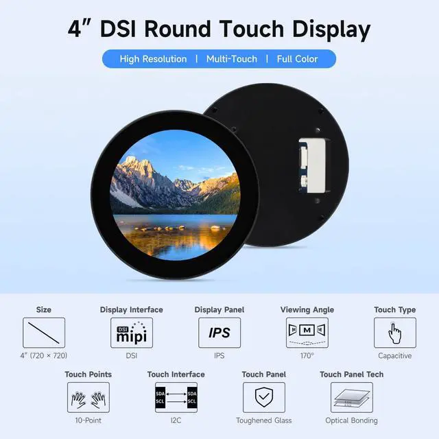 Alt view image 3 of 7 - 4inch DSI Round Capacitive Touch Display, Compatible with , RK3576, RK3506 and ESP32-P4 720 × 720, IPS Display Panel, 10-Point Touch, 170° Wide Viewing Angle