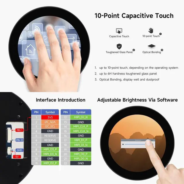 Alt view image 7 of 7 - 3.4inch DSI Round Capacitive Touch Display, 800 × 800 Resolution, IPS Display Panel, 10-Point Touch