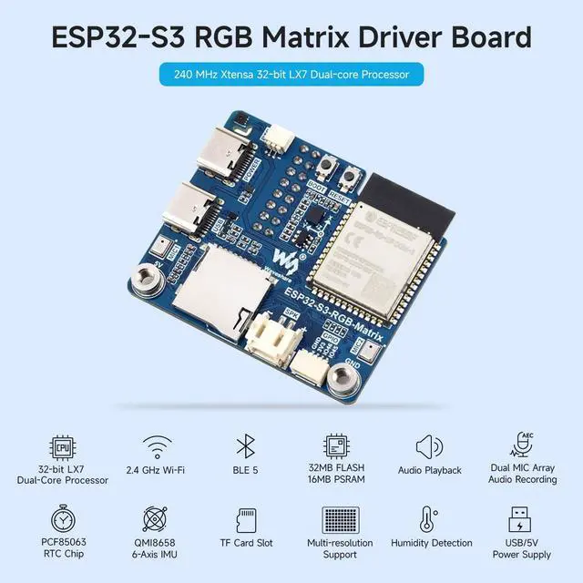 Alt view image 3 of 6 - ESP32-S3 RGB Matrix Driver Board, Onboard Dual Microphones Array, Supports 2.4 GHz Wi-Fi and Bluetooth 5 (BLE), Supports AI Voice Interaction