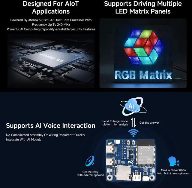 Alt view image 5 of 6 - ESP32-S3 RGB Matrix Driver Board, Onboard Dual Microphones Array, Supports 2.4 GHz Wi-Fi and Bluetooth 5 (BLE), Supports AI Voice Interaction