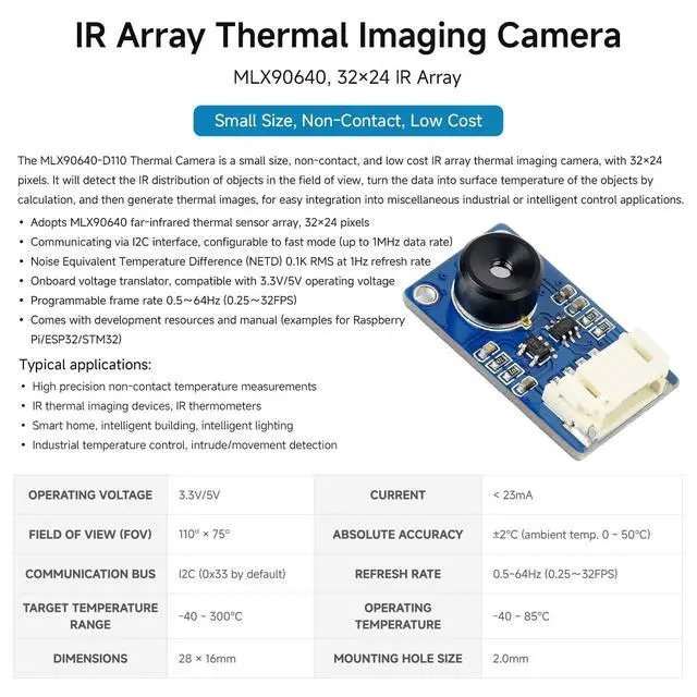 Alt view image 3 of 6 - MLX90640 IR Array Thermal Imaging Camera with 32×24 Pixels 110° Field of View Communicating via I2C Interface Supports /rduino(ESP32)/STM32, etc.