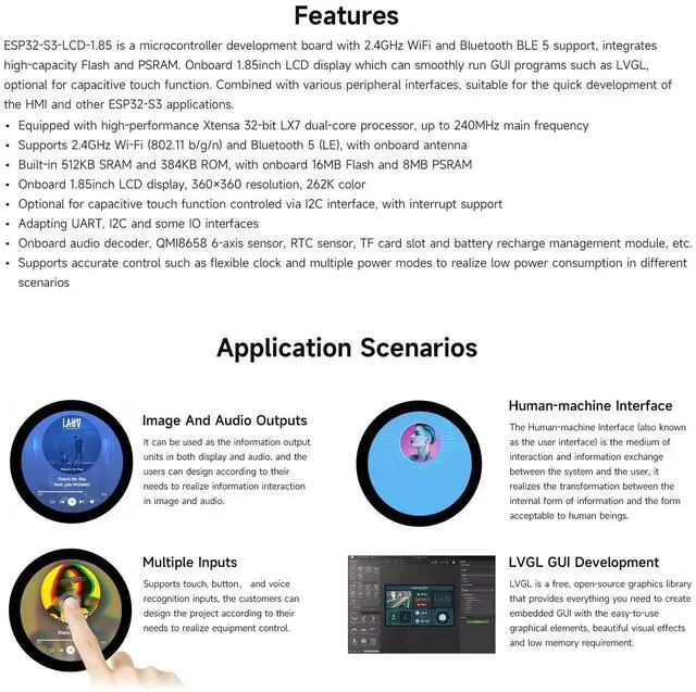 Alt view image 4 of 7 - ESP32-S3 1.85inch Round Display Development Board 360×360, 32-Bit LX7 Dual-Core Processor, Up to 240MHz Frequency, Supports Wi-Fi & BLE 5, Accelerometer and Gyroscope Sensor, Without Touch