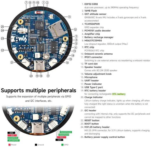 Alt view image 6 of 7 - ESP32-S3 1.85inch Round Display Development Board 360×360, 32-Bit LX7 Dual-Core Processor, Up to 240MHz Frequency, Supports Wi-Fi & BLE 5, Accelerometer and Gyroscope Sensor, Without Touch
