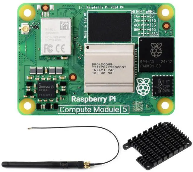 Main image of CM5 Pi Compute Module 5Comes with an Official CM5108016 (with Wireless, 8GB RAM, 16GB eMMC Flash), an Antenna Kit and a HEATSINK. (3 Items)