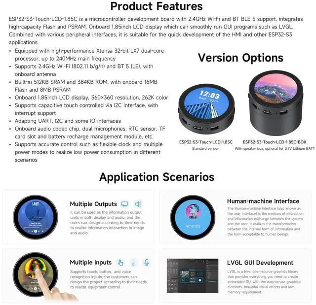 Alt view image 4 of 7 - ESP32-S3 1.85inch Round LCD Development Board, 360×360, Supports Wi-Fi & Bluetooth BLE 5, AI Speech, Smart Speaker Box, ESP32 with Display, with Speaker Box, with BAT